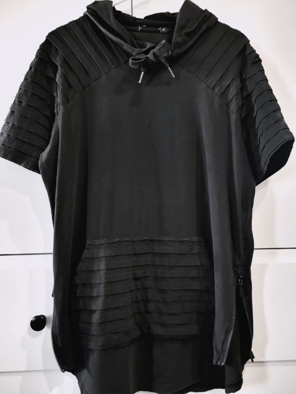 Grunge Pullover Hoodie, Black Cotton Top w/ Pockets, Zips, M Medium Unisex